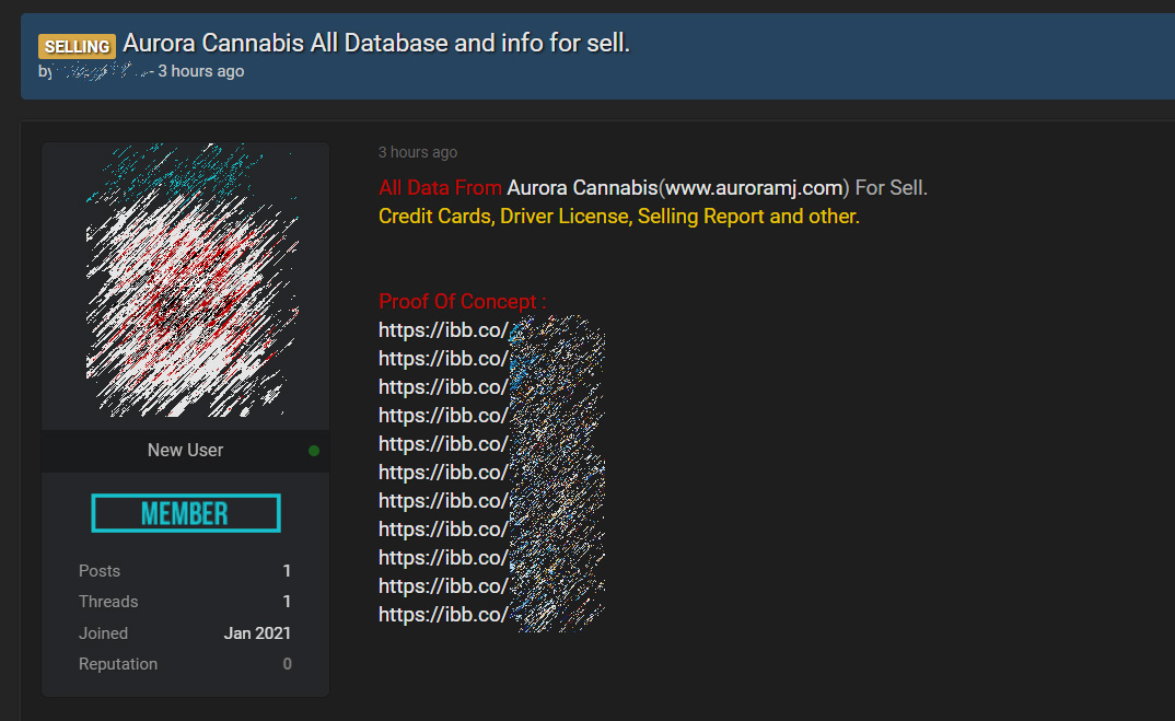 Hacker forum post selling Aurora Cannabis data