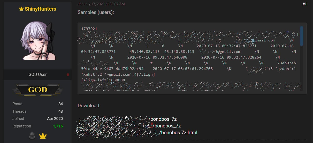 Forum post leaking the Bonobos database