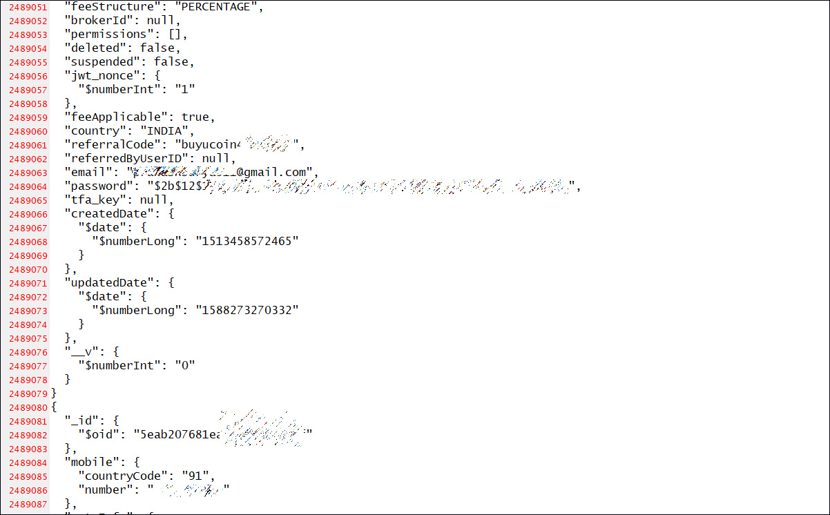 A sample user record from the database