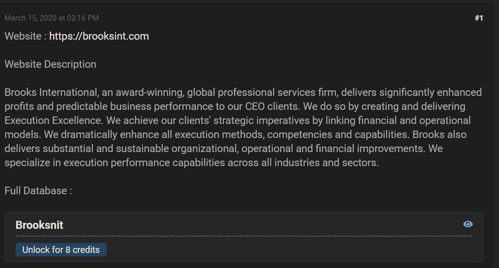 Hacker forum post selling the data