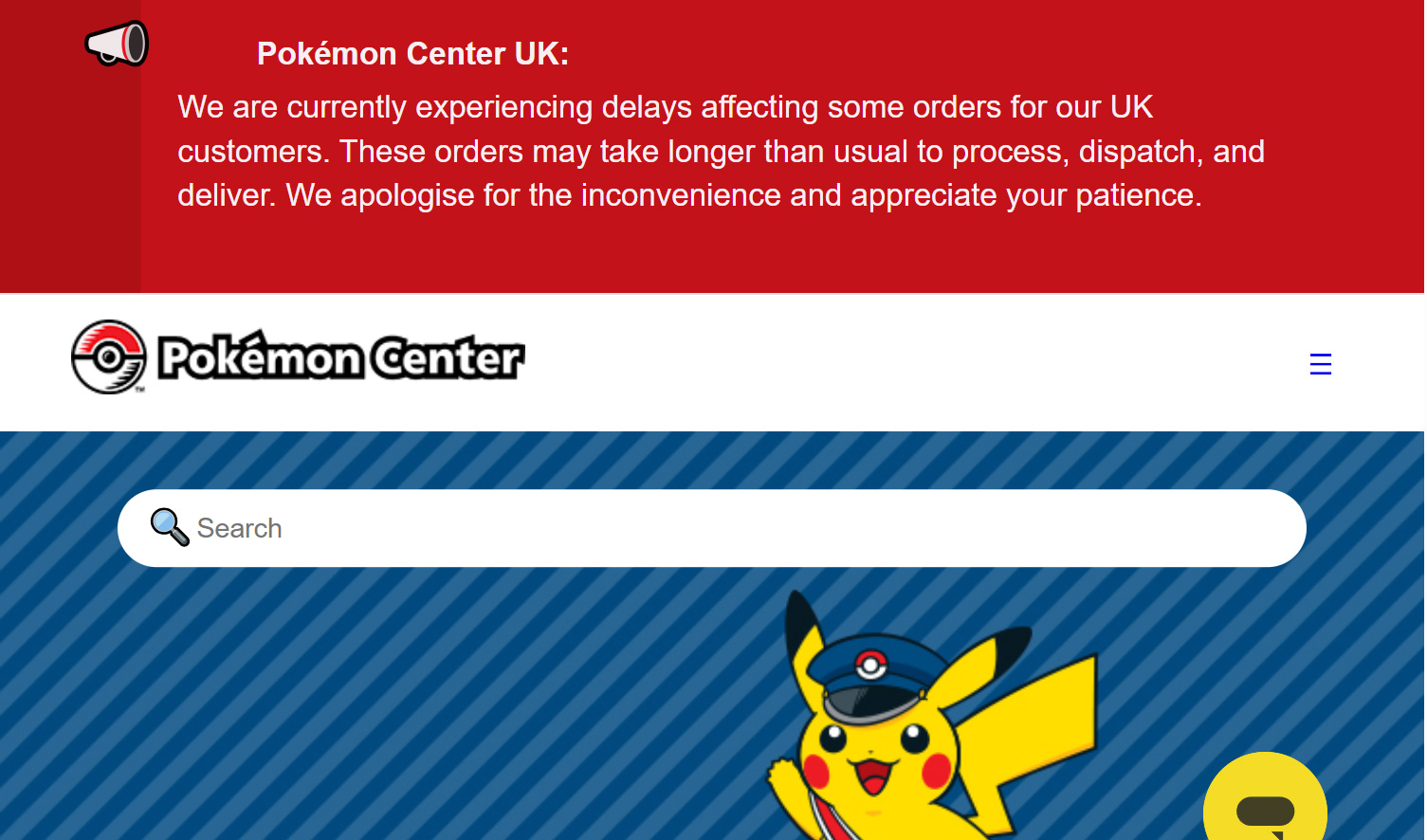Pokémon Center message to UK customers about order delays