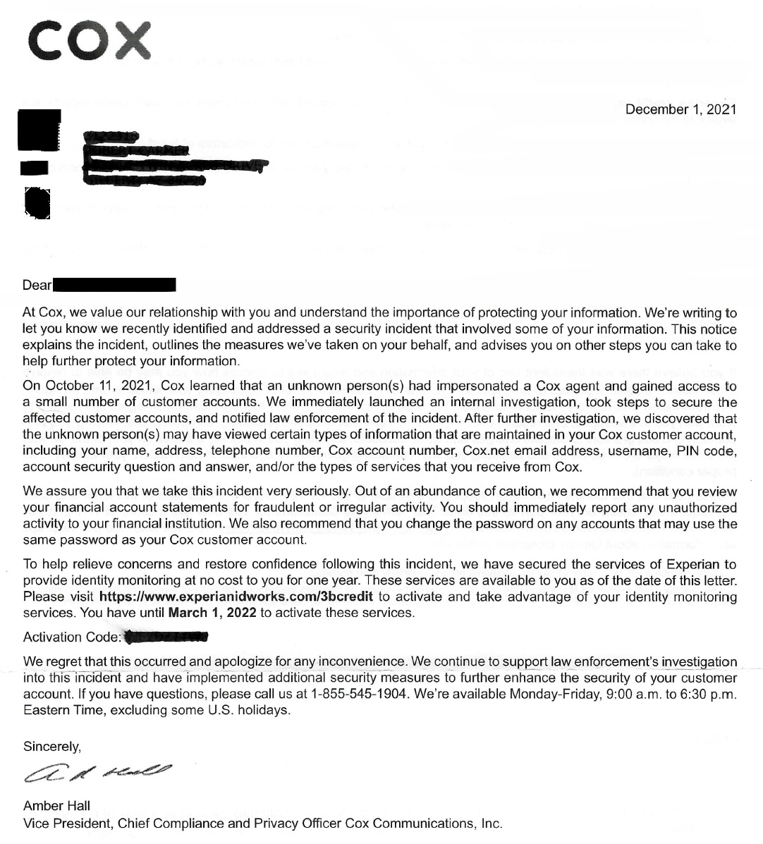 COX data breach notification letter