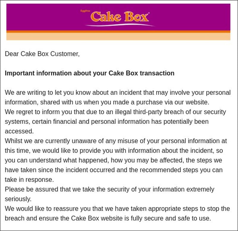Part of the Cake Box data breach notification