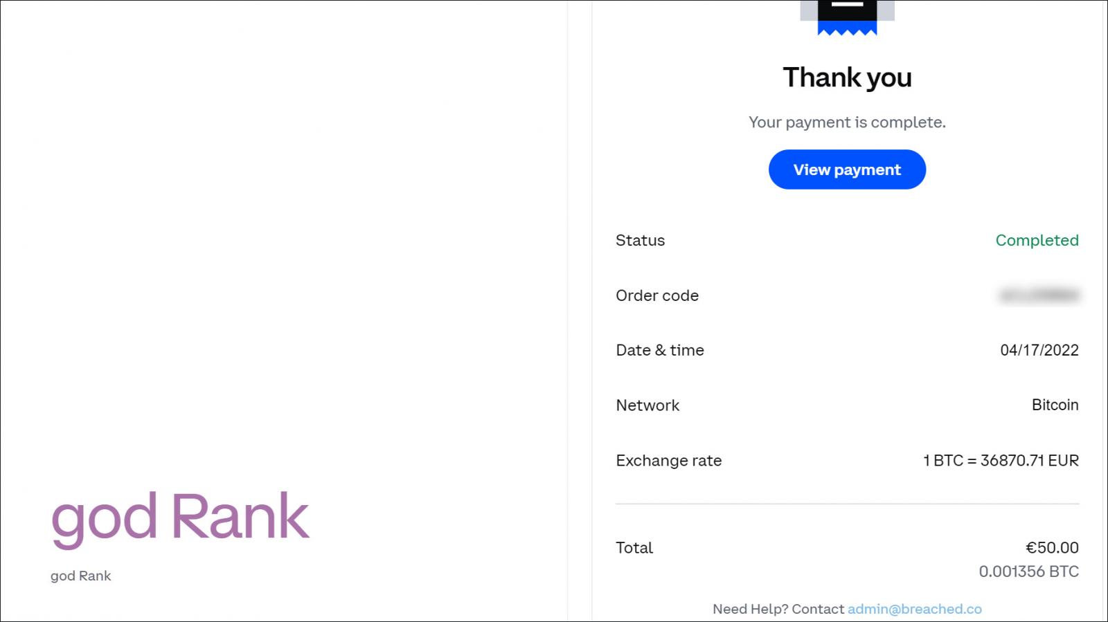 Purchase of the Breached 'God' forum rank via Coinbase