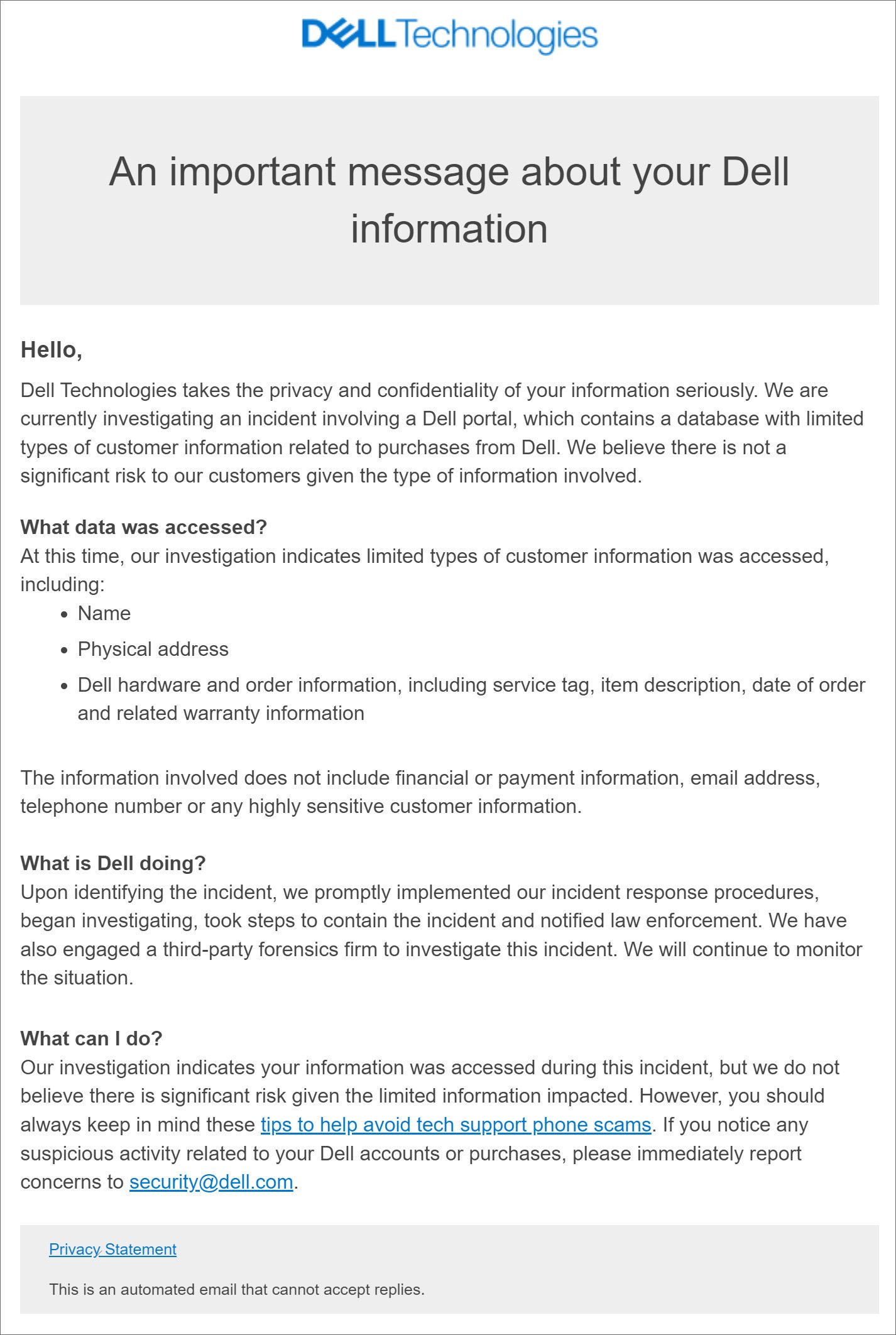 Notificación de violación de datos de Dell