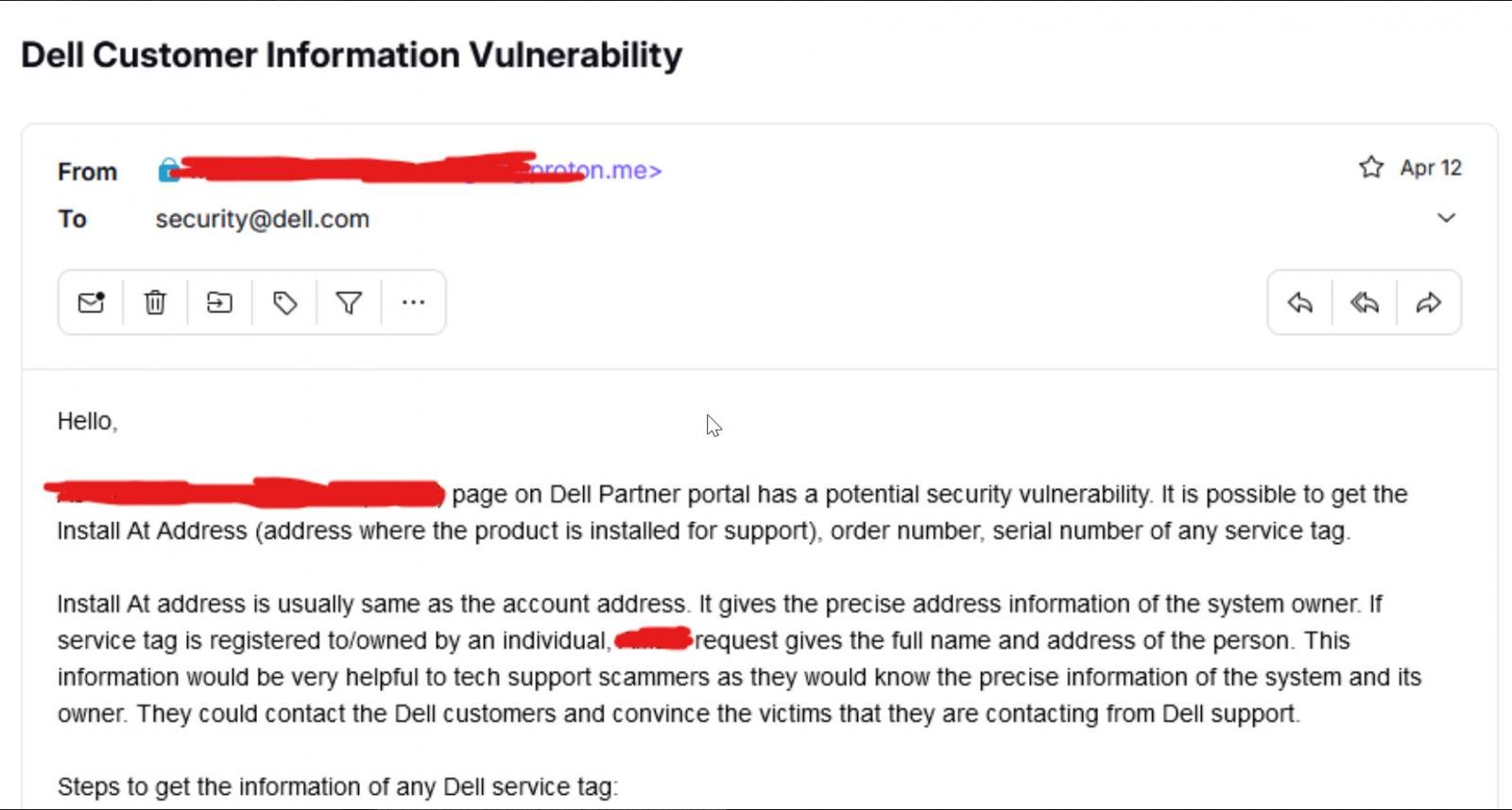Email sent to Dell about partner portal flaw
