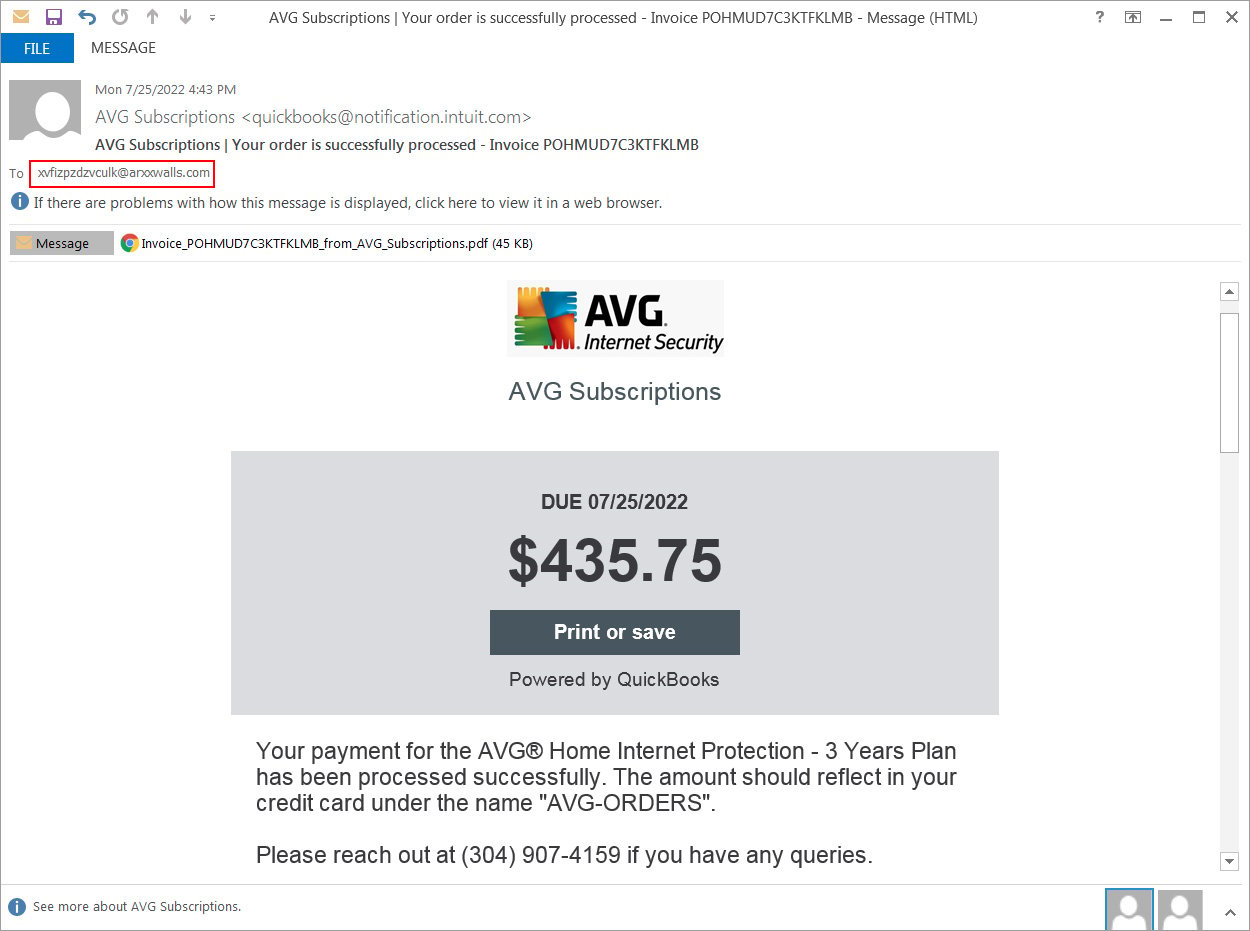 AVG callback phishing attack using an arxxwalls.com domain