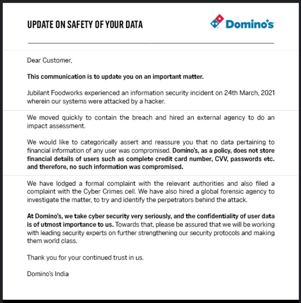 Domino's India data breach notification