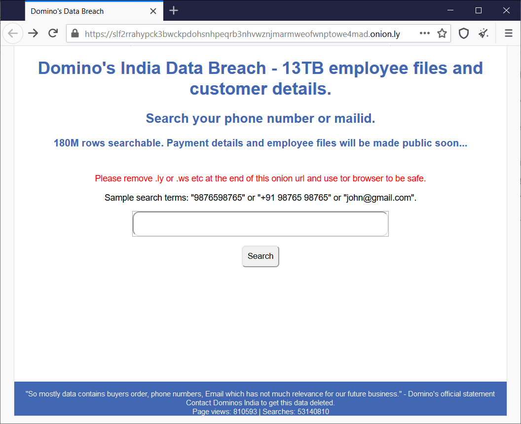 Domino's India Tor search engine