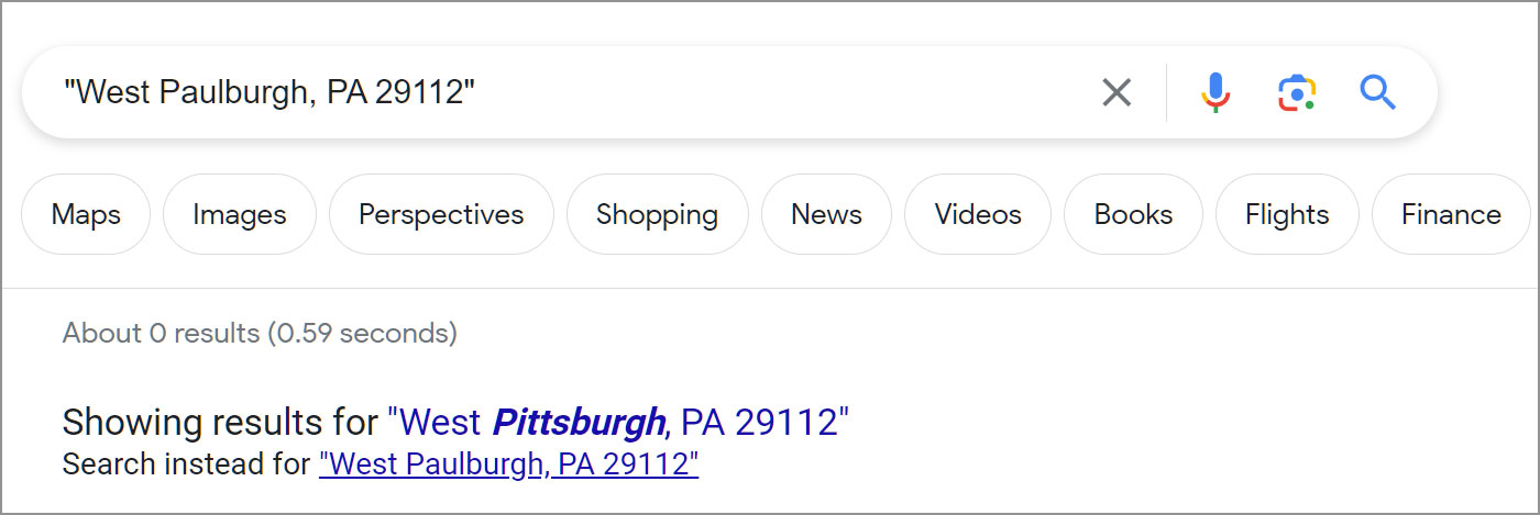 Google search indicating an address is fake