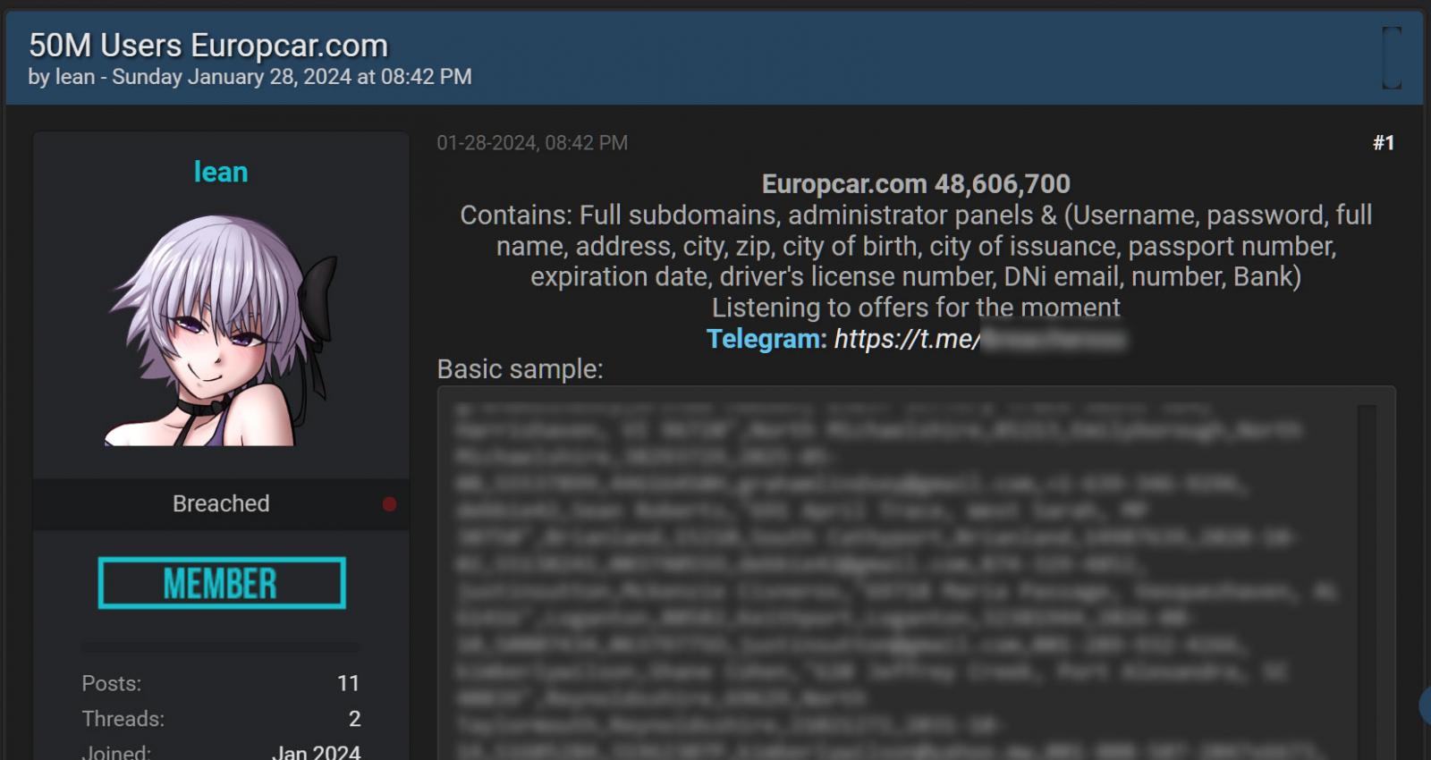 Hacking forum post selling alleged data from Europcar