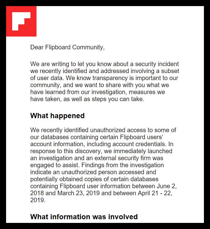 Flipboard Data Breach Notice
