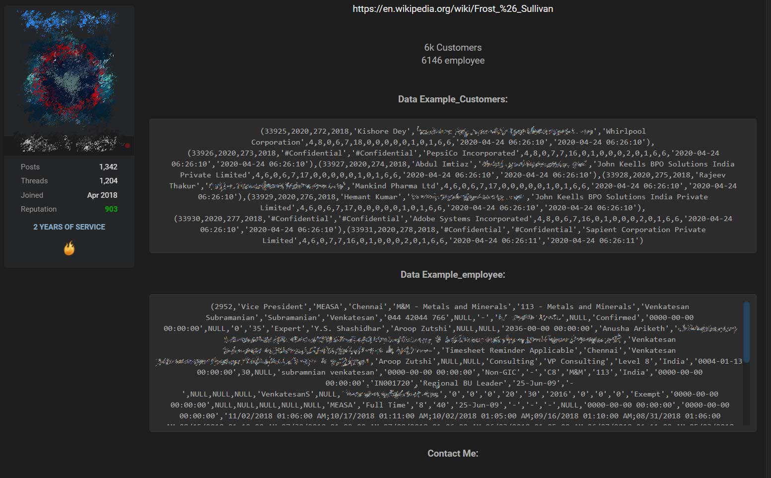 data breach sale Post on a hacker forum