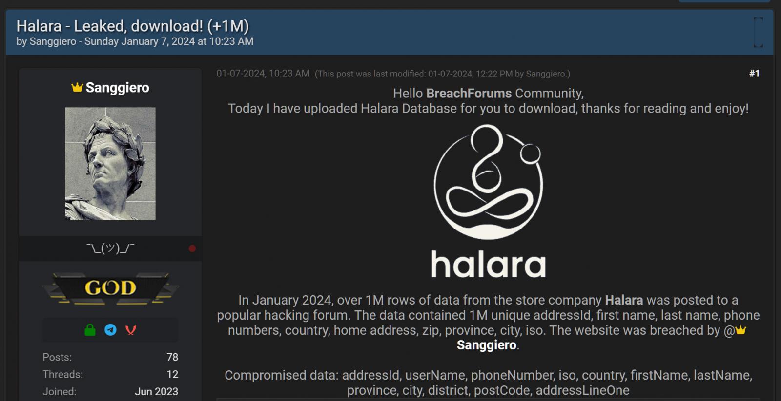 Forum post about alleged Halara data breach