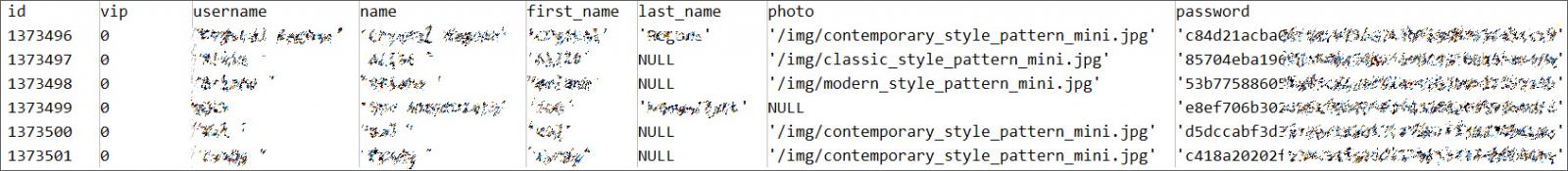 Sample of the leaked Havenly user database