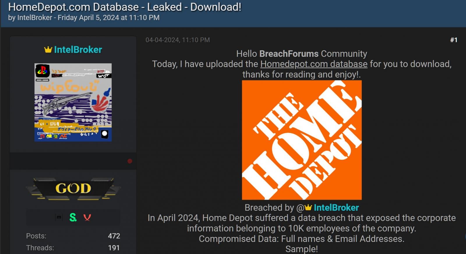 The Home Depot data leaked on a hacking forum