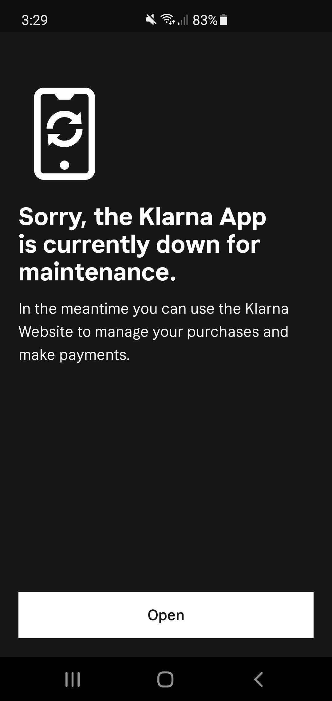 Aplicación móvil de Klarna deshabilitada