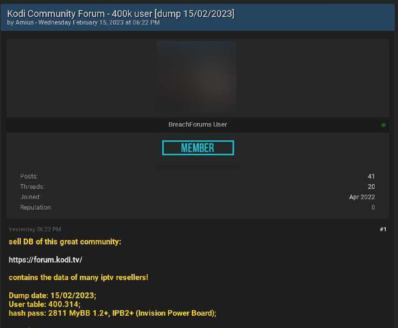 Kodi database for sale on Breached hacking forum