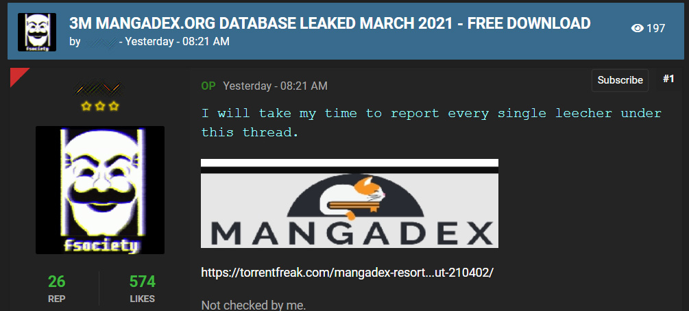 Alleged MangaDex database leak