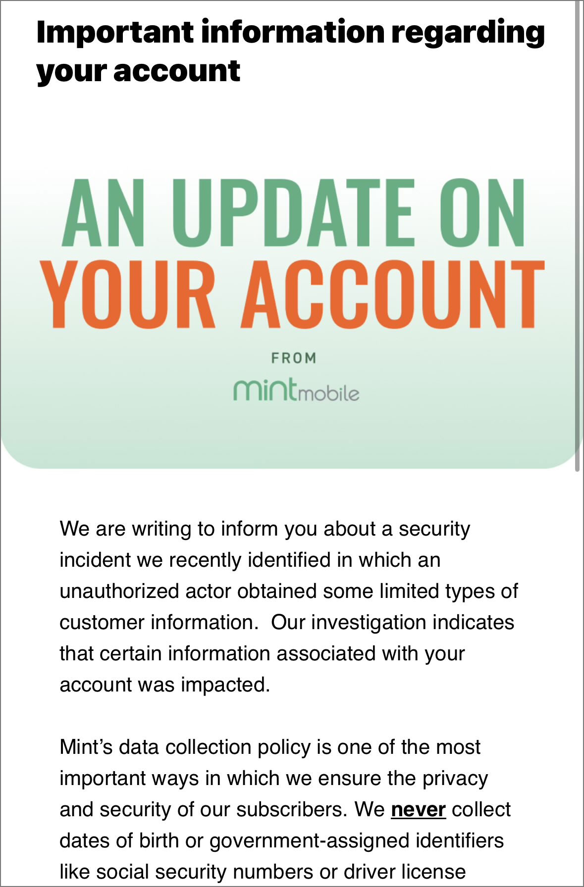 Mint Mobile data breach notification