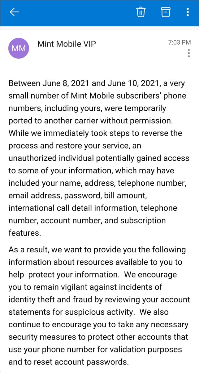 Mint Mobile data breach notification