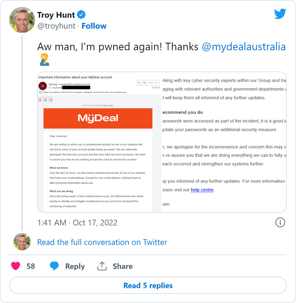 Mysql data breach notification sent to Troy Hunt