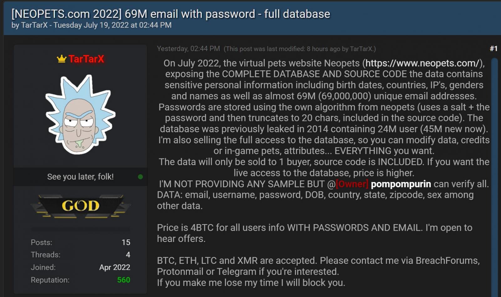 Données de Neopets.com vendues sur un forum de piratage