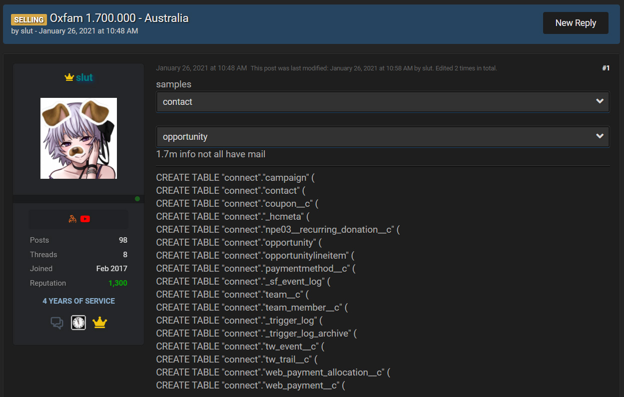 Threat actor selling Oxfam Australia database