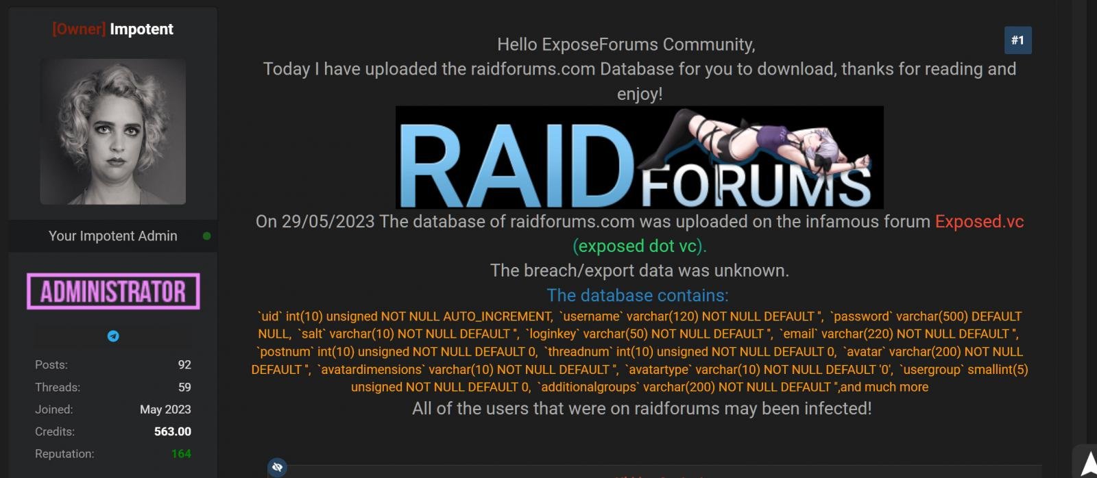 Forum post leaking the RaidForums member database