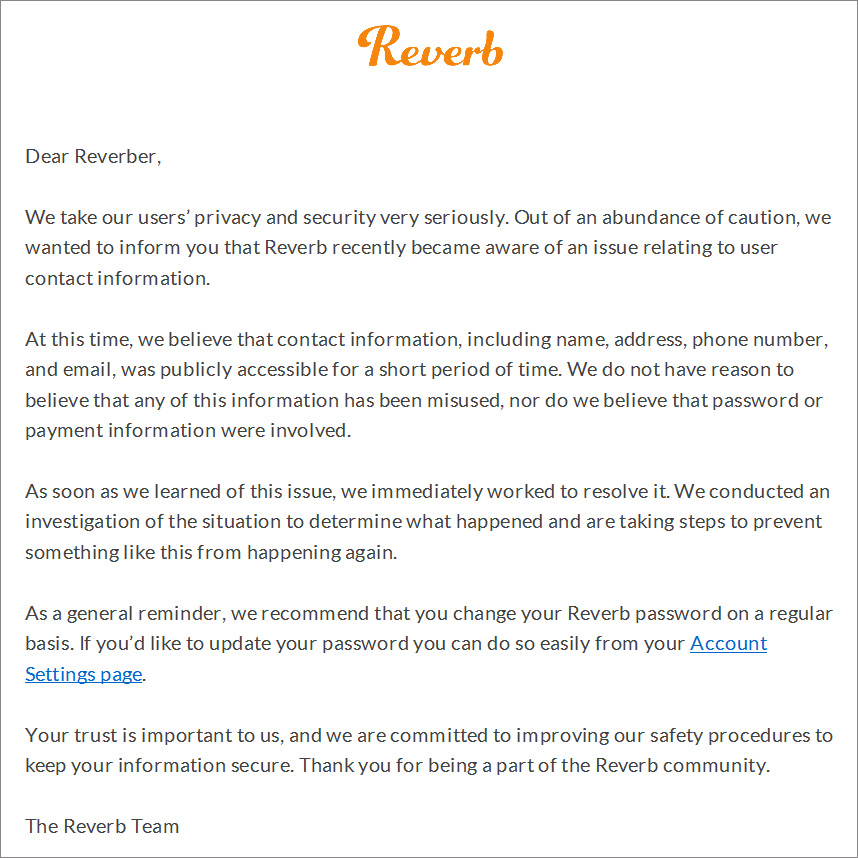 Reverb data breach notification