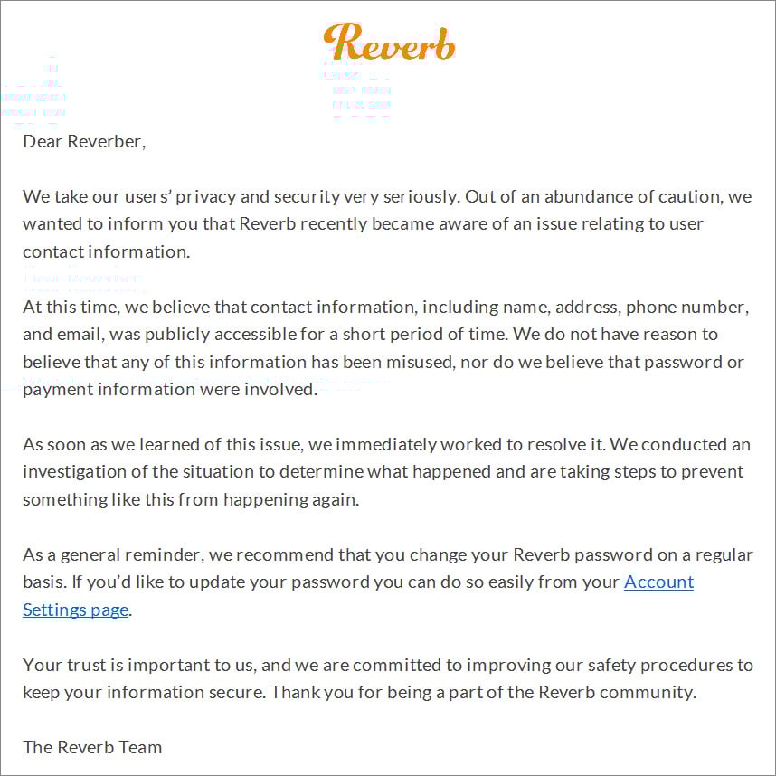 Reverb data breach notification