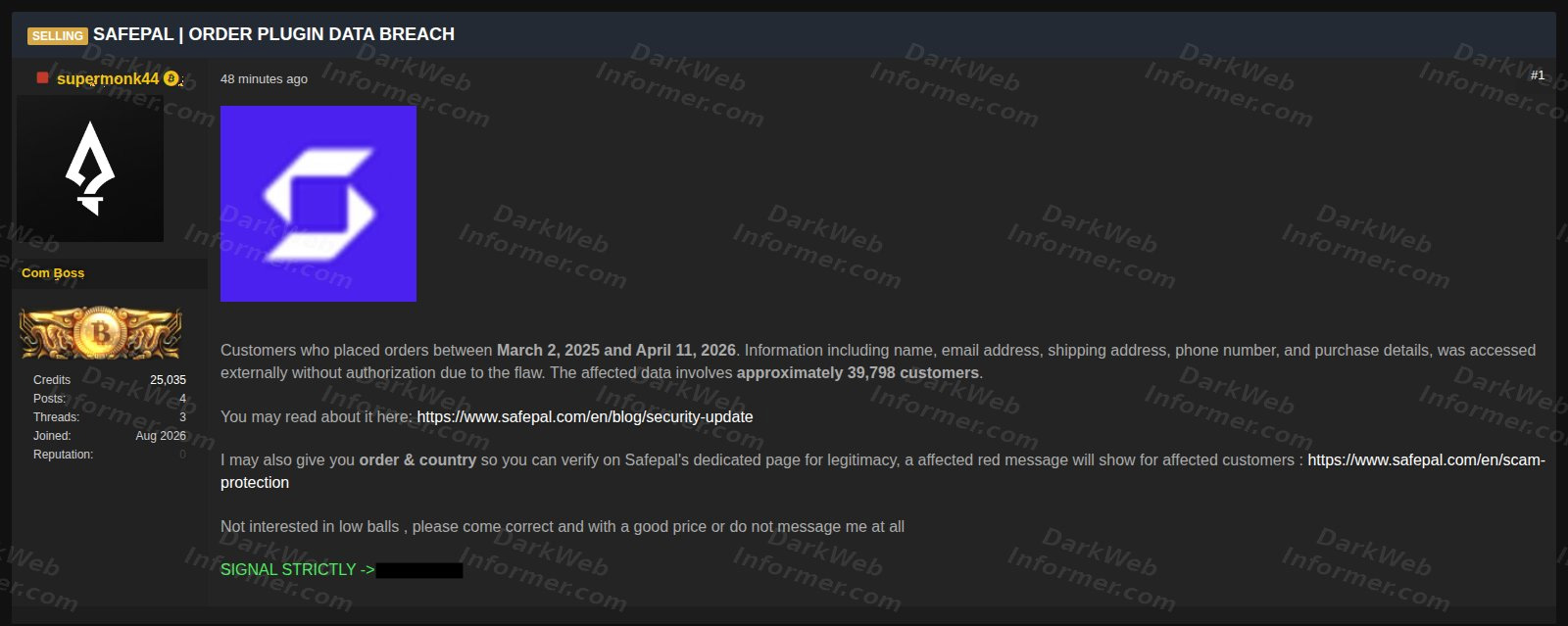 Stolen SafePal data being sold on a cybercrime forum