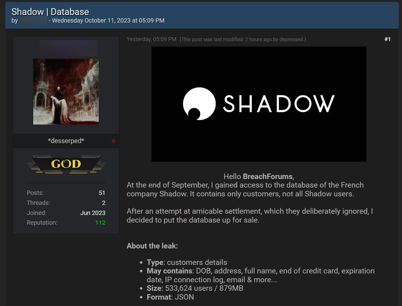 Threat actor claiming to sell stolen Shadow database