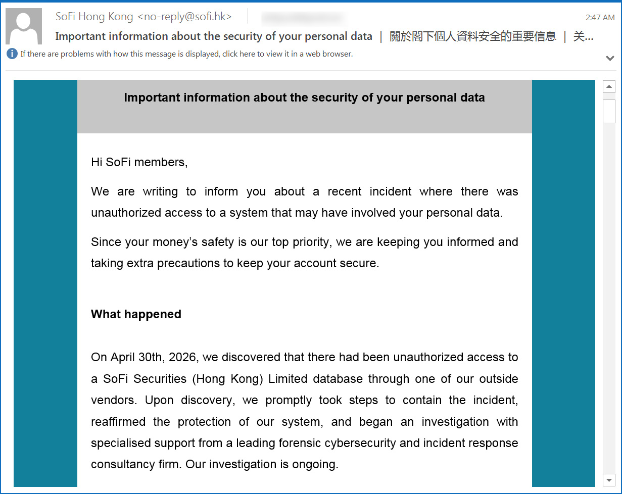 Email sent to SoFi Hong Kong customers