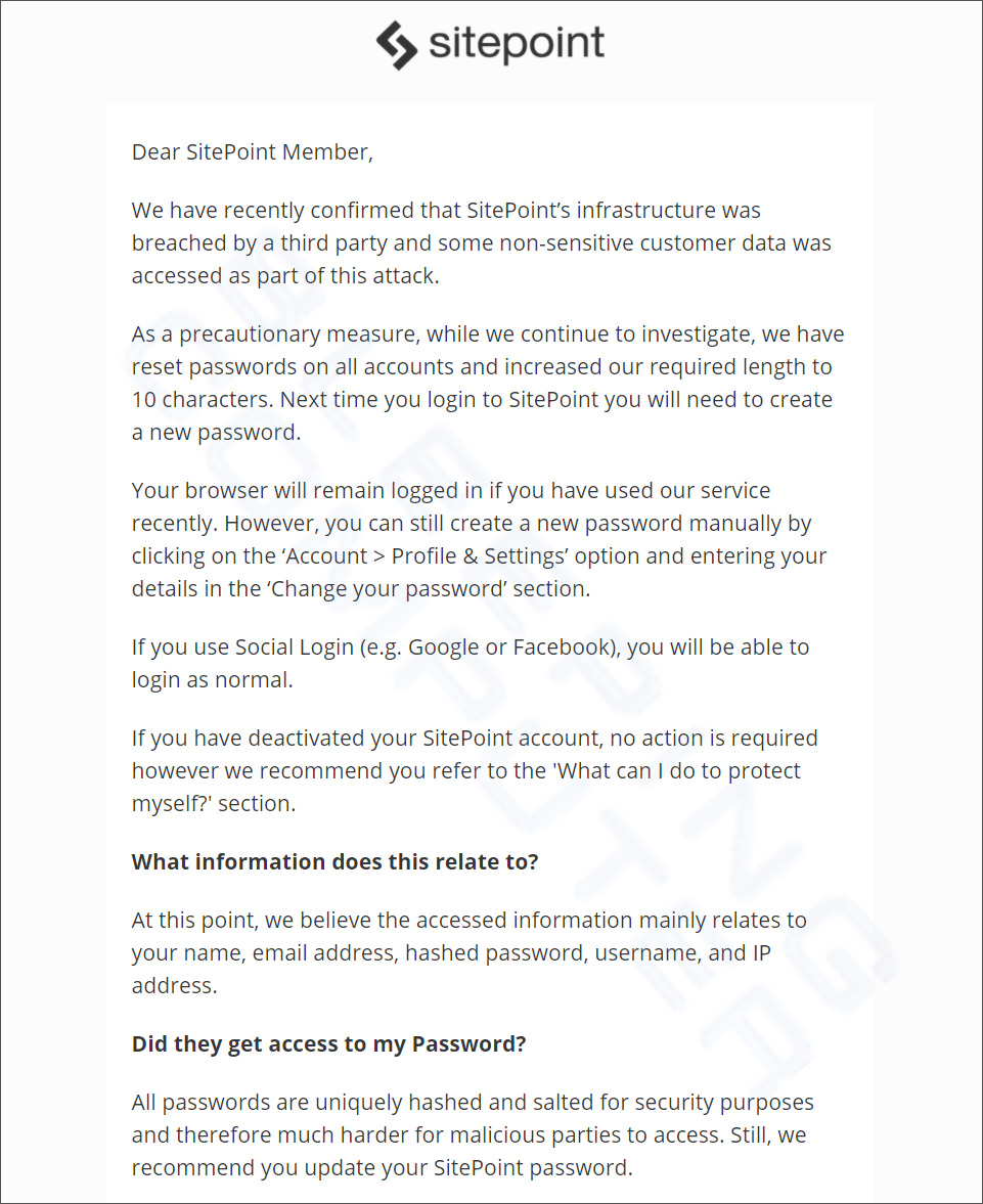 SitePoint data breach notification