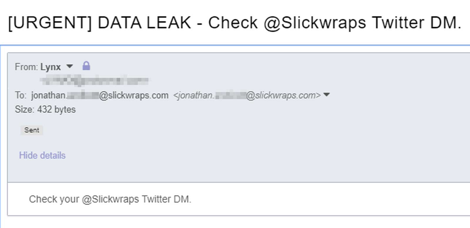 Email to Endicott disclosing breach