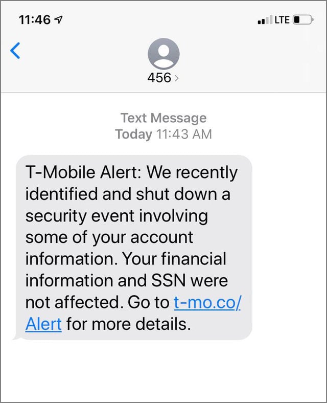 T-Mobile Data Breach Notification Text