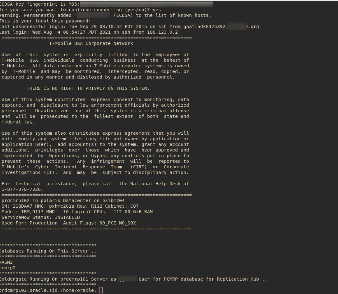 Alleged access to T-Mobile Oracle server via SSH