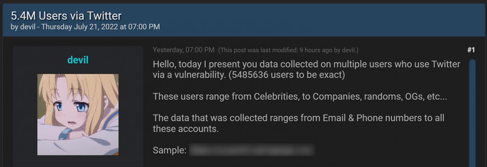 Twitter data being sold on a hacker forum