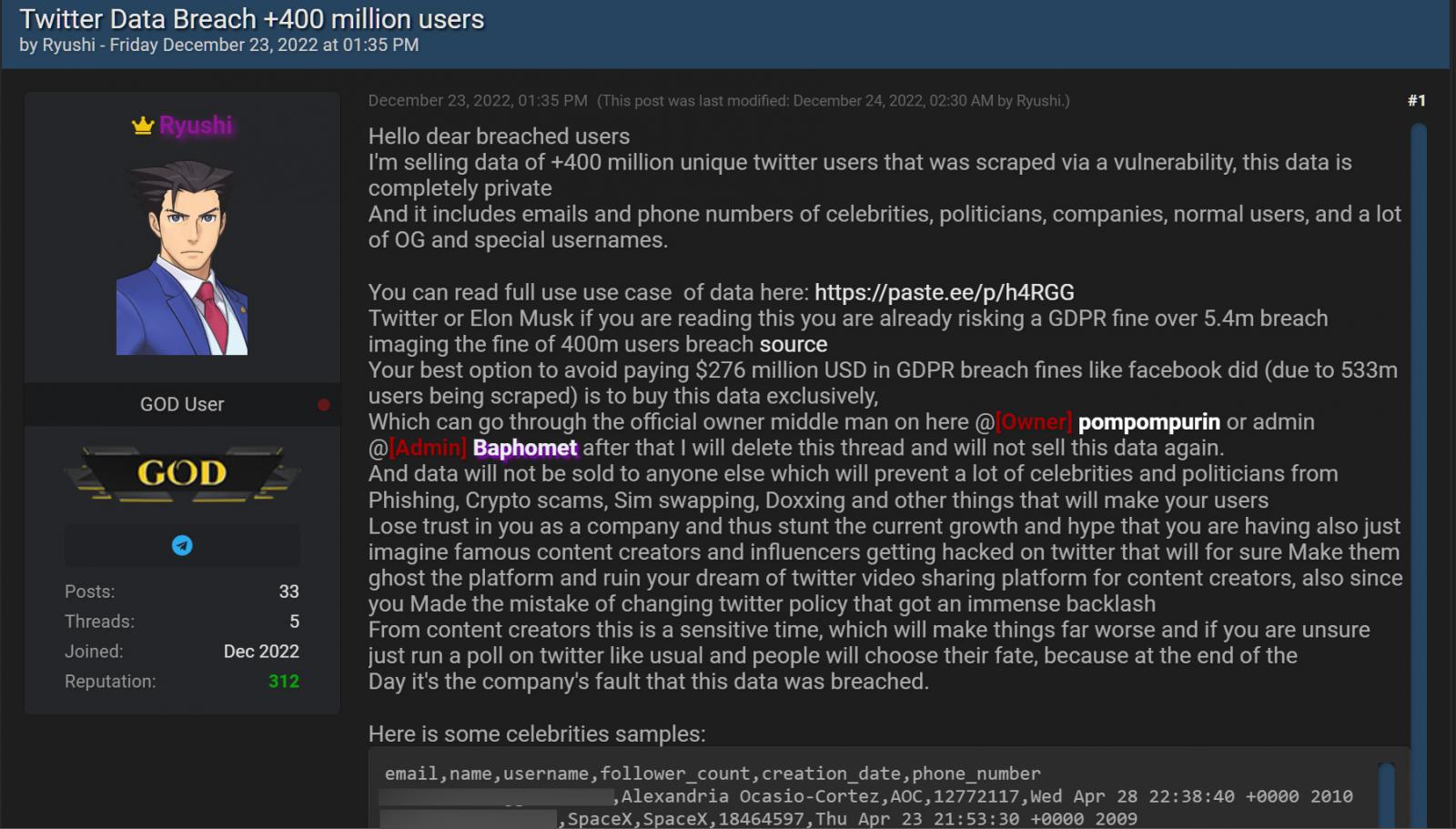 Forum post selling the data for an alleged 400 million Twitter users