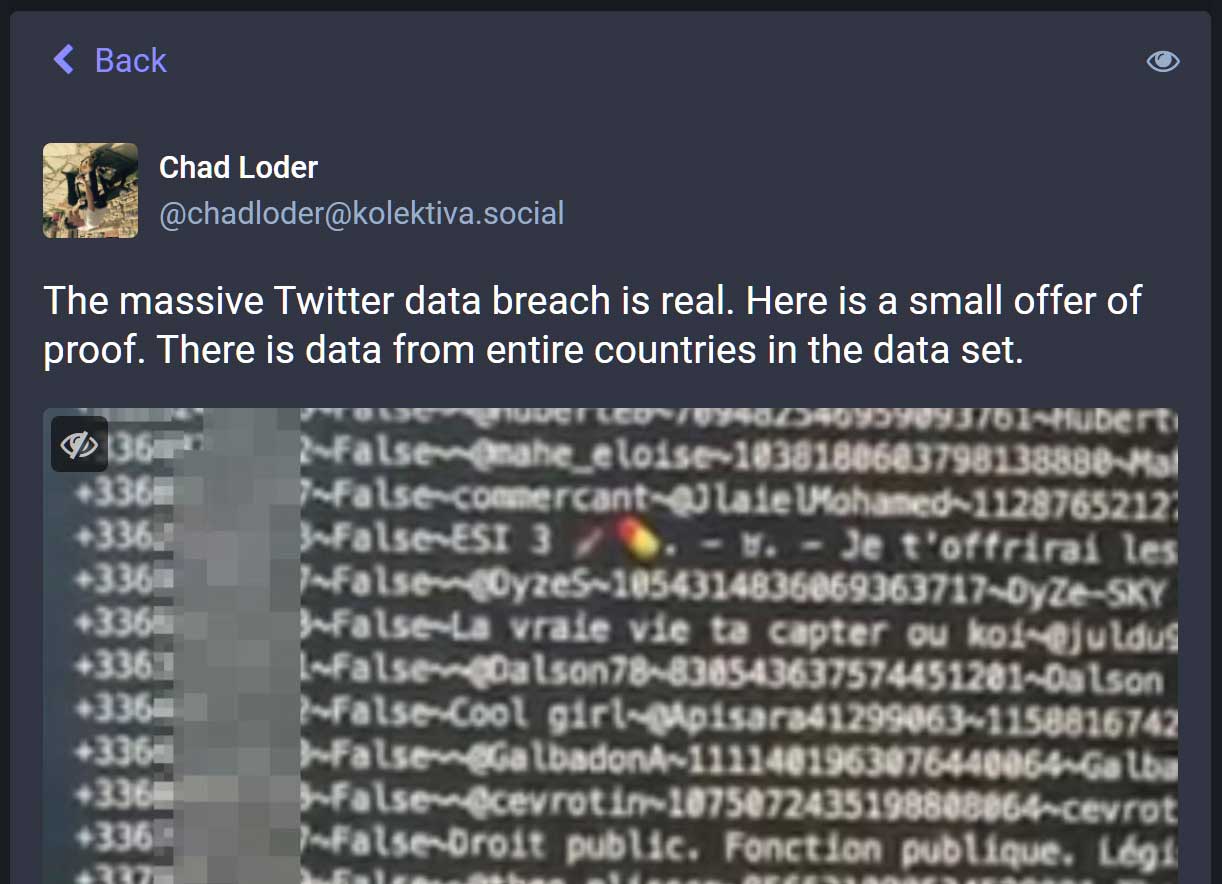 Chad Loder shares news of the biggest breach on Mastodon