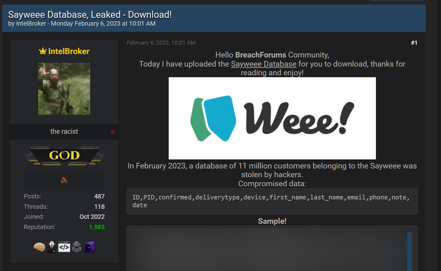 Forum post leaking Weee data!