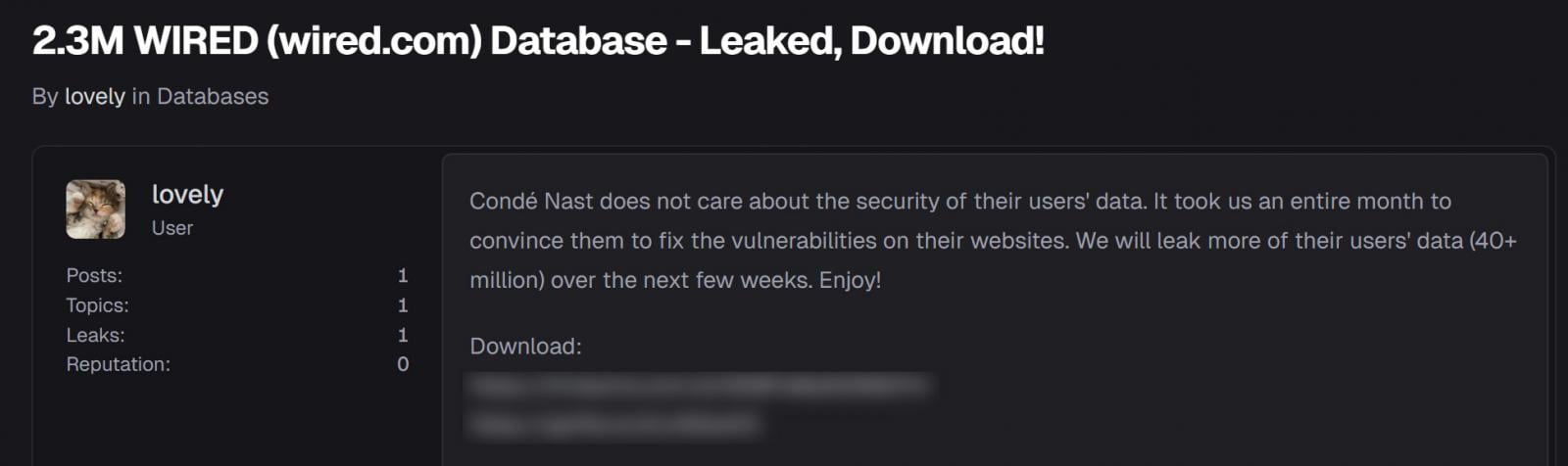 Hacker claims to leak WIRED database with 2.3 million records 4 Forum post leaking WIRED data on a hacking forum