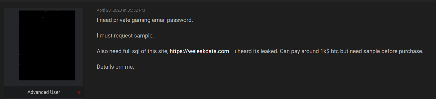 Threat actors looking to buy the WeLeakData.com database