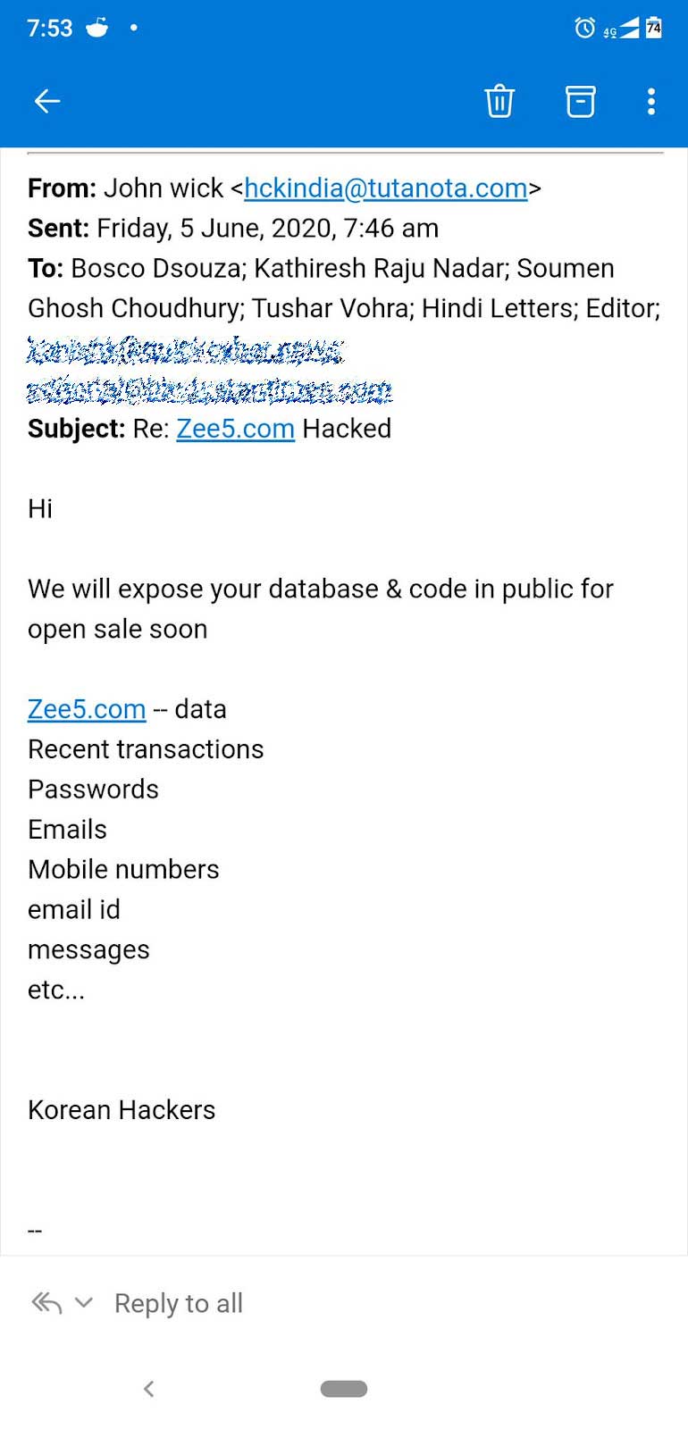 Email sent from alleged hackers