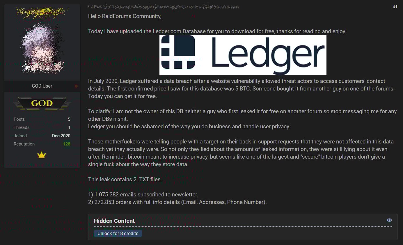 Physical addresses of 270K Ledger owners leaked on hacker forum