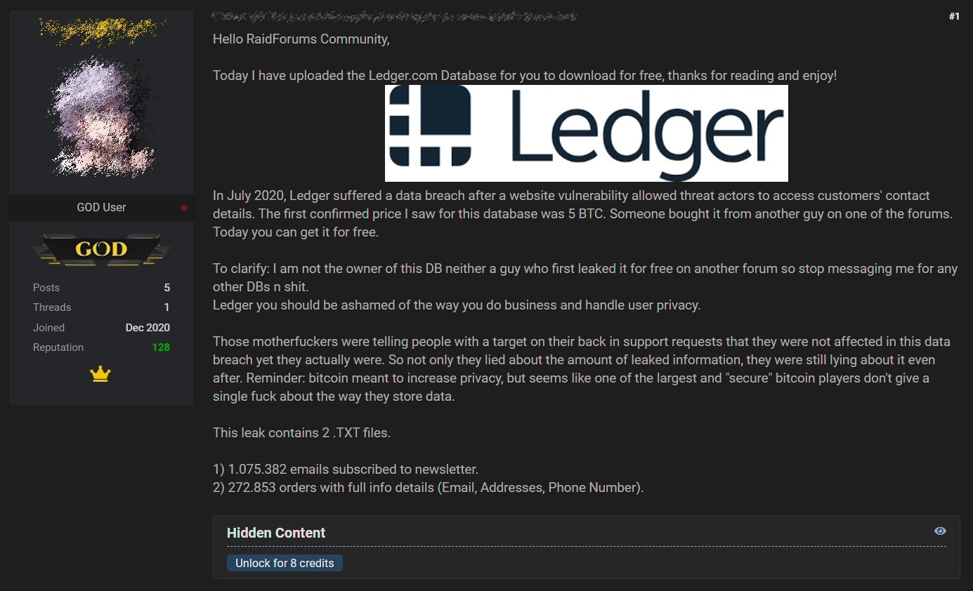 Hacker forum post containing the leaked Ledger data