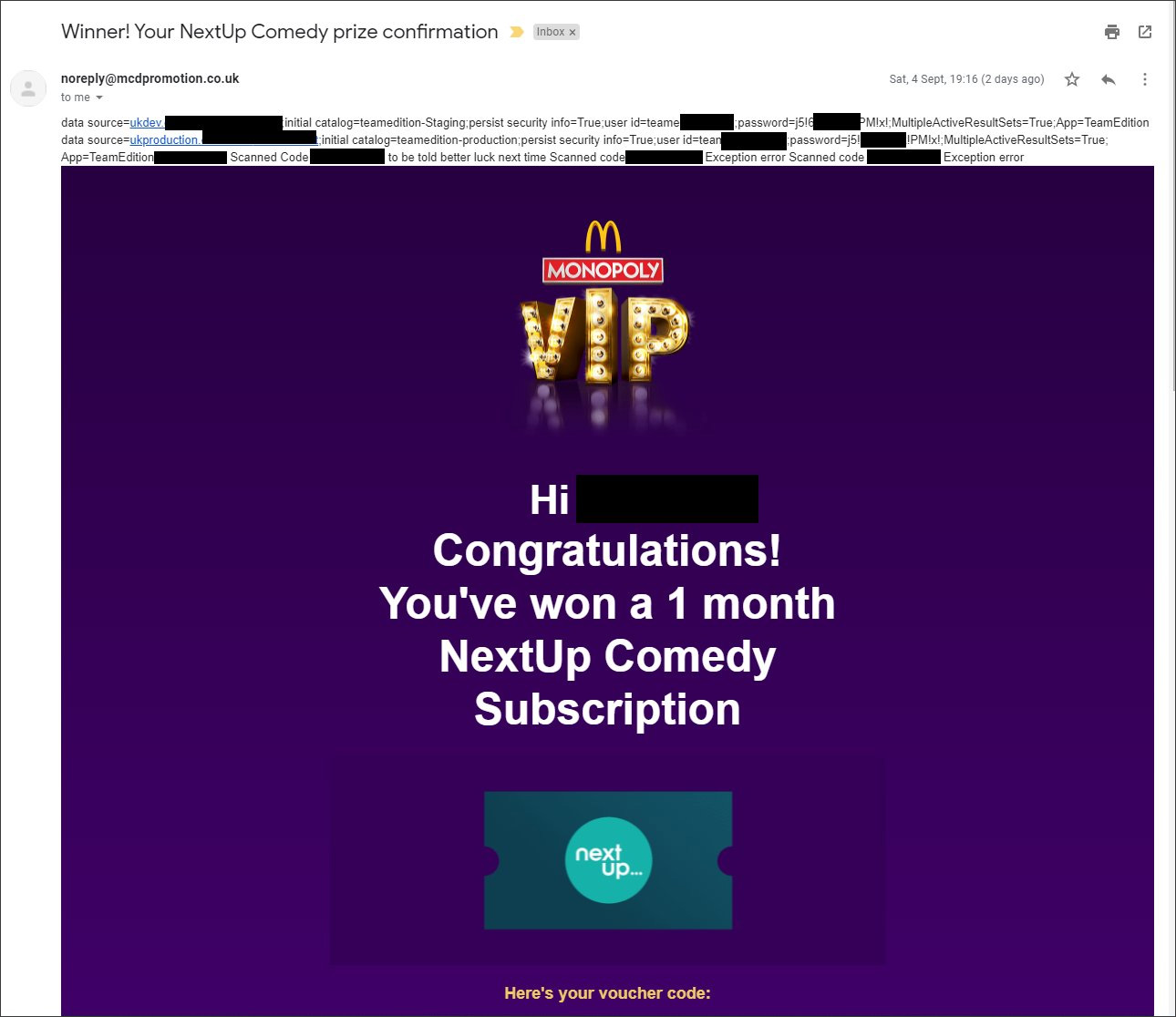 McDonalds Monopoly VIP prize email with database credentials