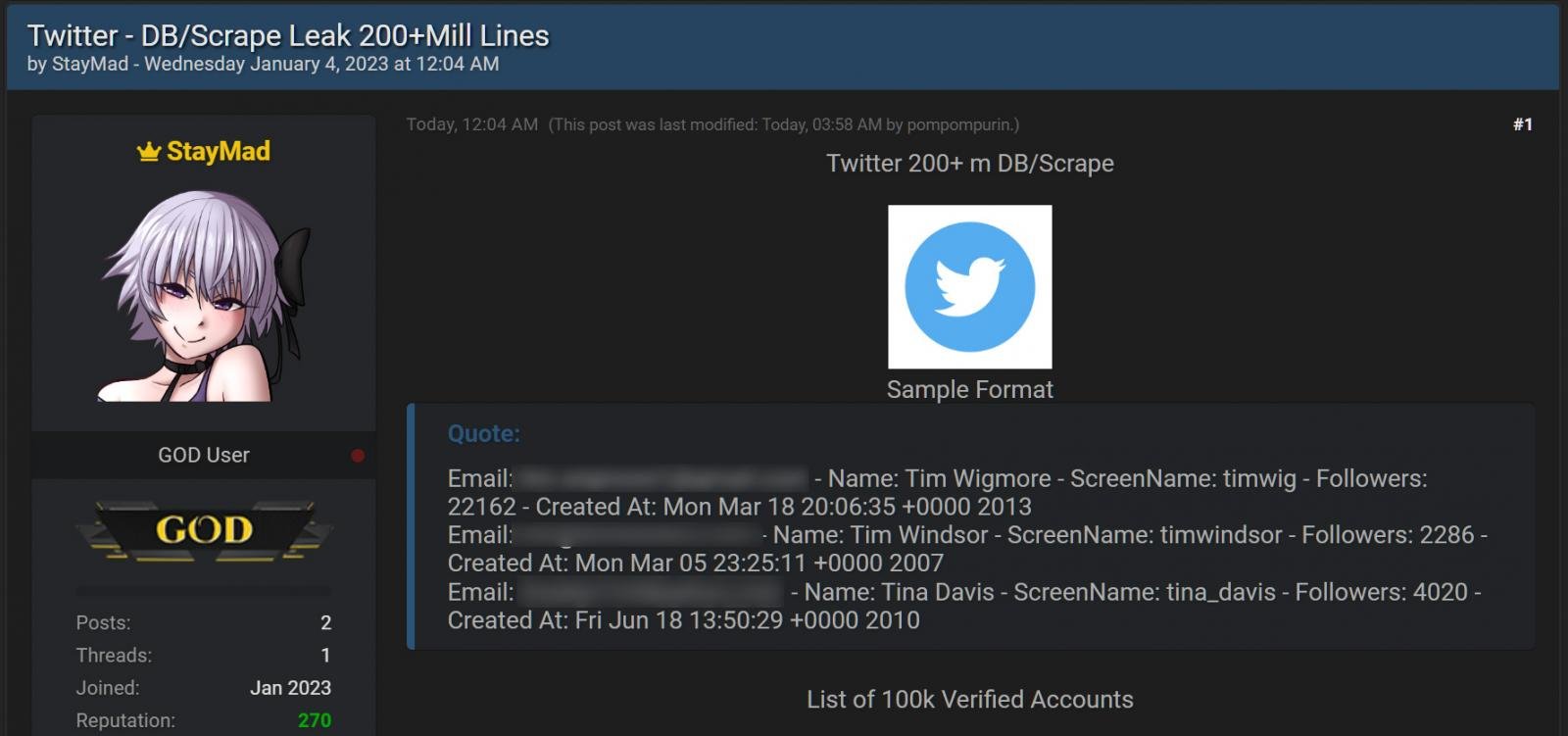 A dataset containing the email addresses of 200 million Twitter profiles was put up for sale.