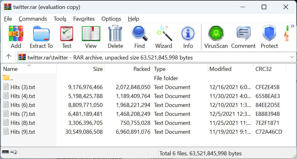 流出した Twitter データを含む RAR アーカイブ